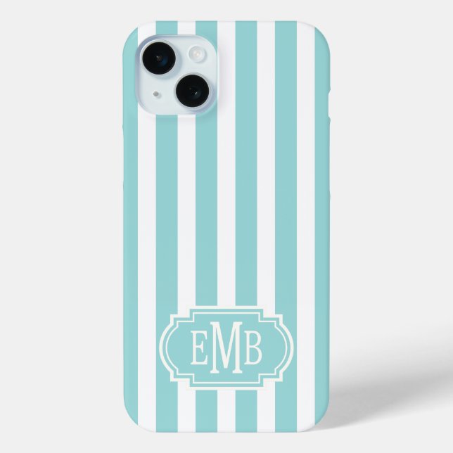 Funda De Case-Mate Para iPhone Rayas Monogramadas de Aqua y Blanco (Reverso )