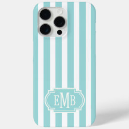 Funda Para iPhone 15 Pro Max Rayas Monogramadas de Aqua y Blanco