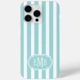 Funda Para iPhone 15 Pro Max Rayas Monogramadas de Aqua y Blanco