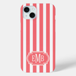 Funda Para iPhone 15 Mini Rayas Monogramadas de Coral y Blanco