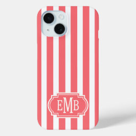 Funda Para iPhone 15 Rayas Monogramadas de Coral y Blanco