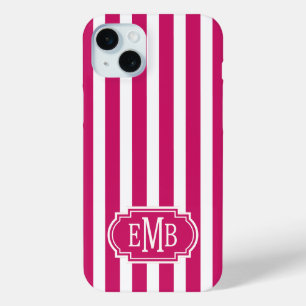 Funda Para iPhone 15 Mini Rayas Monogramadas de Frambuesa y Blanco