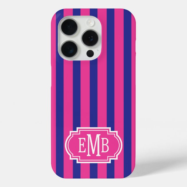 Funda De Case-Mate Para iPhone Rayas Monogramadas de Rosa Caliente y Azul Marino (Reverso )