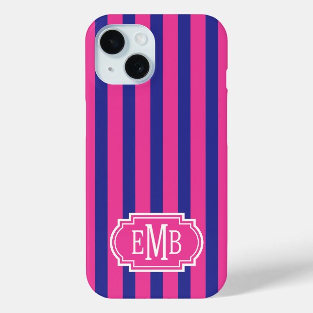 Funda De Case-Mate Para iPhone Rayas Monogramadas de Rosa Caliente y Azul Marino (Reverso )