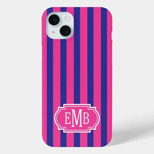 Funda De Case-Mate Para iPhone Rayas Monogramadas de Rosa Caliente y Azul Marino (Reverso )