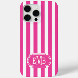 Funda Para iPhone 15 Pro Max Rayas Monogramadas Rosa Fucsia y Blanco