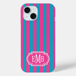 Funda Para iPhone 15 Rayas Monogramadas Rosa Fucsia y Turquesa