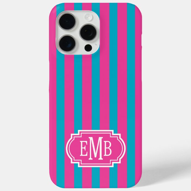 Funda De Case-Mate Para iPhone Rayas Monogramadas Rosa Fucsia y Turquesa (Reverso )