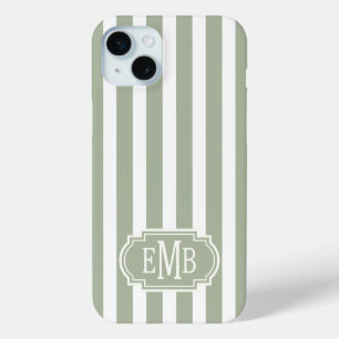Funda Para iPhone 15 Mini Rayas Monogramadas Verde Salvia y Blanco