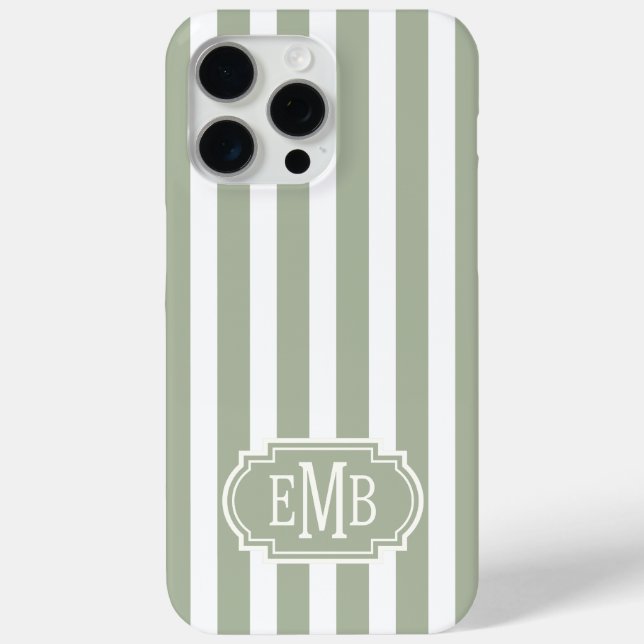 Funda De Case-Mate Para iPhone Rayas Monogramadas Verde Salvia y Blanco (Reverso )