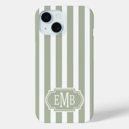 Funda Para iPhone 15 Rayas Monogramadas Verde Salvia y Blanco