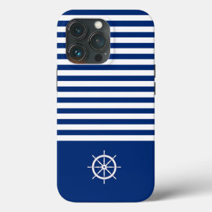 Funda Para iPhone 13 Pro Rayas náuticas+Barcos Rueda Azul+Blanco