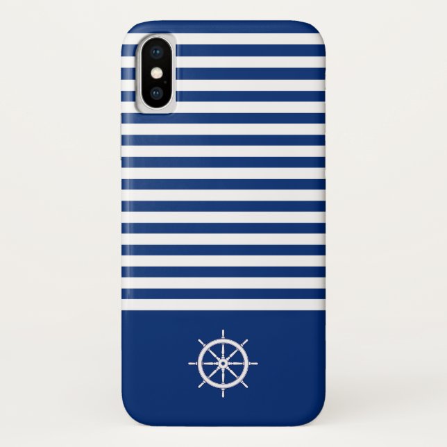 Funda De Case-Mate Para iPhone Rayas náuticas+Barcos Rueda Azul+Blanco (Reverso)