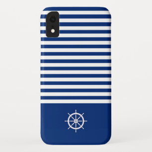 Funda Para iPhone XR Rayas náuticas+Barcos Rueda Azul+Blanco