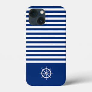 Funda Para iPhone 13 Mini Rayas náuticas+Barcos Rueda Azul+Blanco
