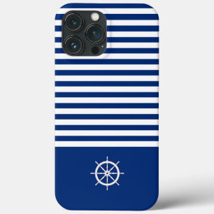 Funda Para iPhone 13 Pro Max Rayas náuticas+Barcos Rueda Azul+Blanco