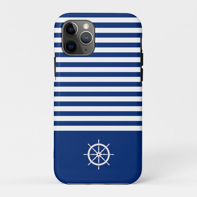Funda De Case-Mate Para iPhone Rayas náuticas+Barcos Rueda Azul+Blanco (Reverso)