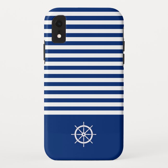 Funda De Case-Mate Para iPhone Rayas náuticas+Barcos Rueda Azul+Blanco (Reverso)