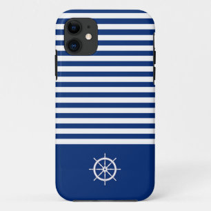 Funda Para iPhone 11 Rayas náuticas+Barcos Rueda Azul+Blanco