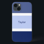 Funda Para iPhone 13 Rayas náuticas personalizadas azul y blanco<br><div class="desc">Te encantará este elegante estuche de teléfono móvil de color náutico con un patrón de rayas azules y blancas. Numerosos tonos azules y rayas blancas. Personalizado con tu nombre impreso en un texto azul.</div>