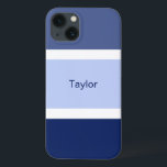 Funda Para iPhone 13 Rayas náuticas personalizadas azul y blanco<br><div class="desc">Te encantará este elegante estuche de teléfono móvil de color náutico con un patrón de rayas azules y blancas. Numerosos tonos azules y rayas blancas. Personalizado con tu nombre impreso en un texto azul.</div>