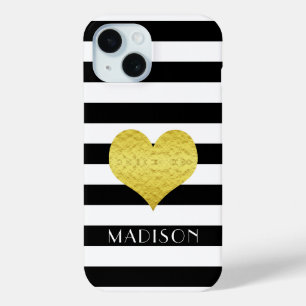 Funda Para iPhone 15 Rayas Negras Y Blancas Modernas Corazón De Oro Nom