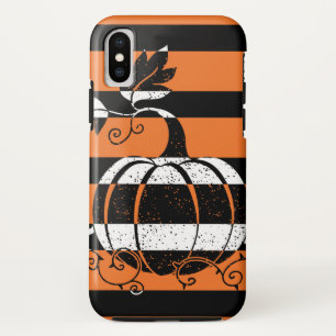 Funda Para iPhone X Rayas negras y naranjas con calabaza