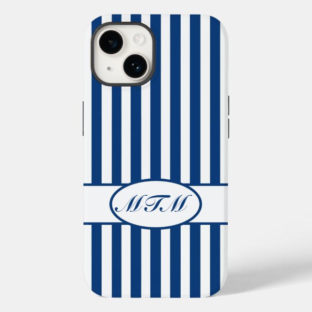 Funda De Case-Mate Para iPhone Rayas otoñales azules con monograma (Reverso )