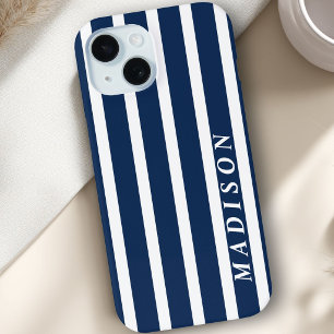 Funda Para iPhone 15 Rayas Personalizadas Azul Marino Blanco