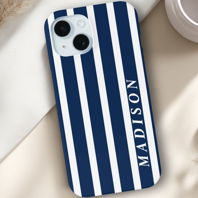 Funda De Case-Mate Para iPhone Rayas Personalizadas Azul Marino Blanco (Custom Stripes Navy Blue White Case-Mate iPhone Case)
