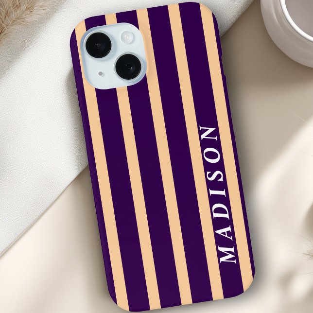 Funda De Case-Mate Para iPhone Rayas Personalizadas Beige Púrpura Oscuro (Custom Stripes Beige Dark Purple Case-Mate iPhone Case)