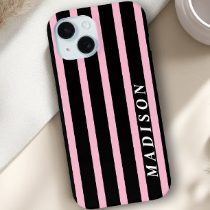 Funda Para iPhone 15 Rayas Personalizadas Negro Rosa