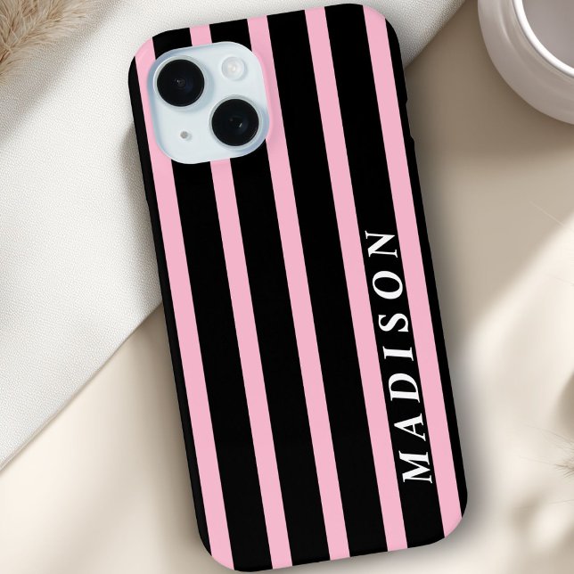 Funda De Case-Mate Para iPhone Rayas Personalizadas Negro Rosa (Custom Stripes Black Pink Case-Mate iPhone Case)