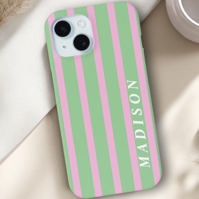 Funda De Case-Mate Para iPhone Rayas Personalizadas Verde Rosa (Custom Stripes Green Pink Case-Mate iPhone Case)