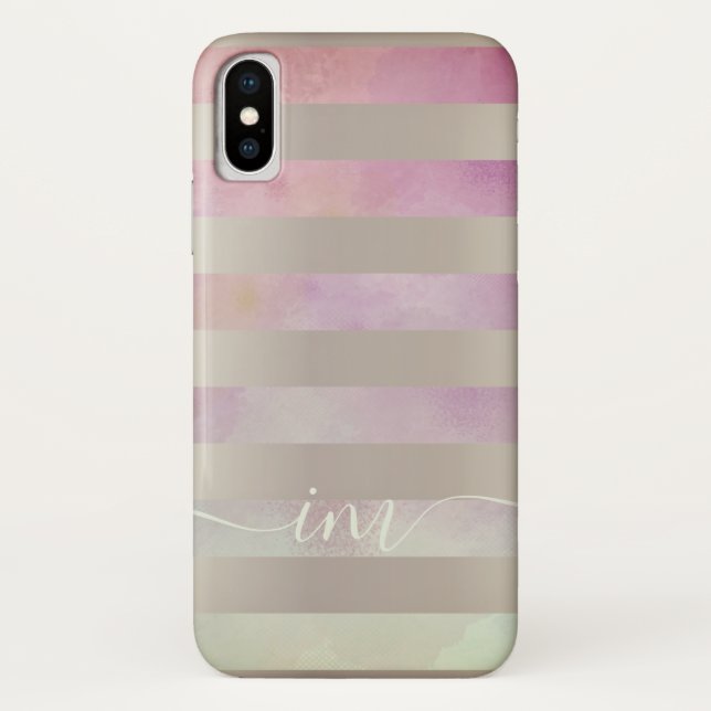Funda De Case-Mate Para iPhone Rayas púrpura monogramadas en acuarela (Reverso)