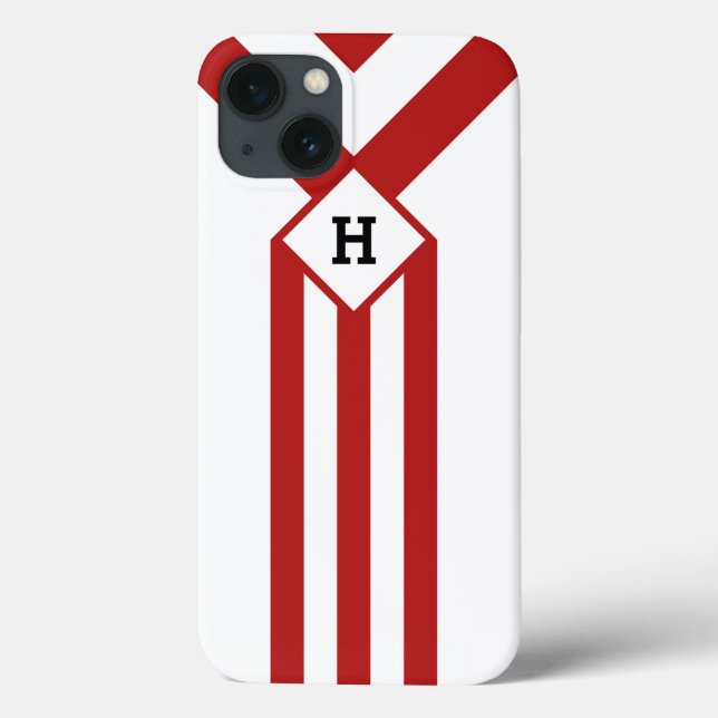 Funda De Case-Mate Para iPhone Rayas rojas y cheurones con monograma sobre blanco (Reverso)
