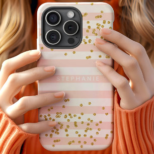 Funda Para iPhone 15 Rayas Rosa con Brillo Dorado Confeti Monograma