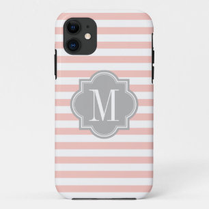 Funda Para iPhone 11 Rayas rosadas de Rubor con el monograma gris