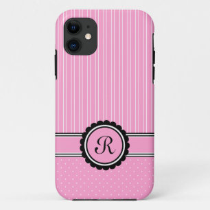 Funda Para iPhone 11 Rayas rosadas iniciales monogramadas Puntos de Pol