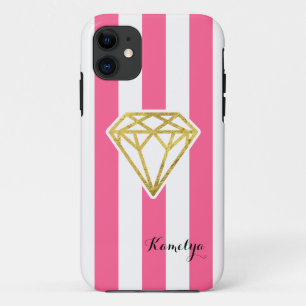 Funda Para iPhone 11 Rayas rosas con diamante de Relieve metalizado dor