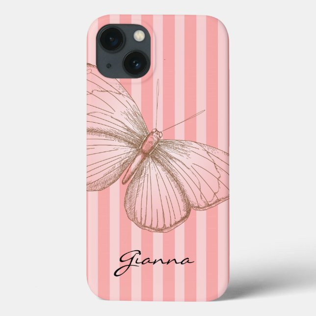 Funda De Case-Mate Para iPhone Rayas rosas con mariposa (Reverso)