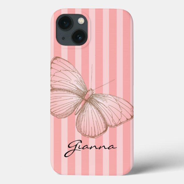 Funda De Case-Mate Para iPhone Rayas rosas con mariposa (Reverso)