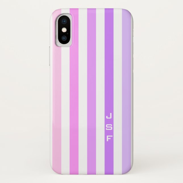 Funda De Case-Mate Para iPhone Rayas verticales púrpura y rosa monograma (Reverso)