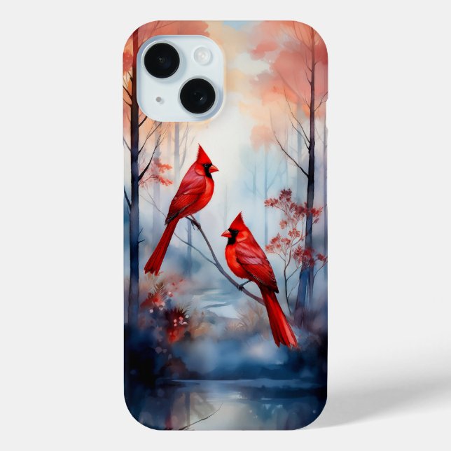 Funda De Case-Mate Para iPhone Red Cardinal Birds in a Misty Forest (Reverso )