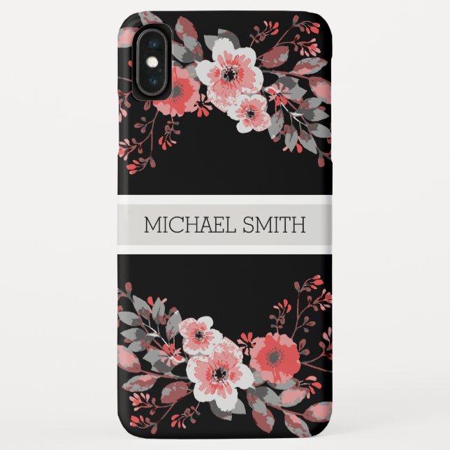 Funda De Case-Mate Para iPhone Red Floral Moderno Black Elegant Name (Reverso)