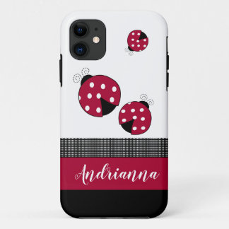 Funda Para iPhone 11 Red Ladybugs Bugs de moda Insectos Blancos Negro C