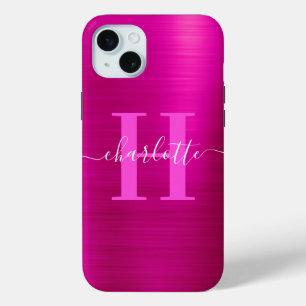 Funda Para iPhone 15 Mini Relieve metalizado monograma de firma rosada calie