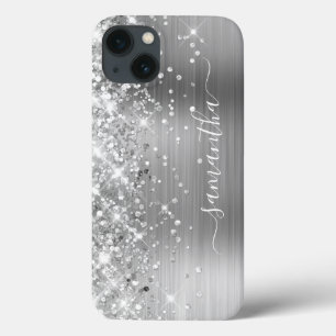 Funda Para iPhone 13 Relieve metalizado plateado Purpurinoso Firma mode