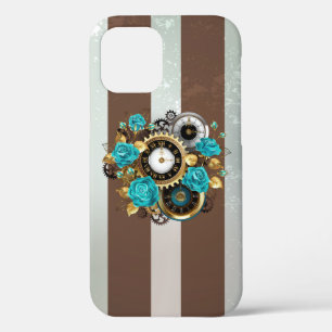 Funda Para iPhone 12 Pro Reloj de vapor y Rosas turquesa a rayas