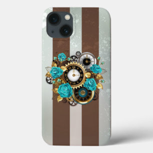 Funda Para iPhone 13 Reloj de vapor y Rosas turquesa a rayas